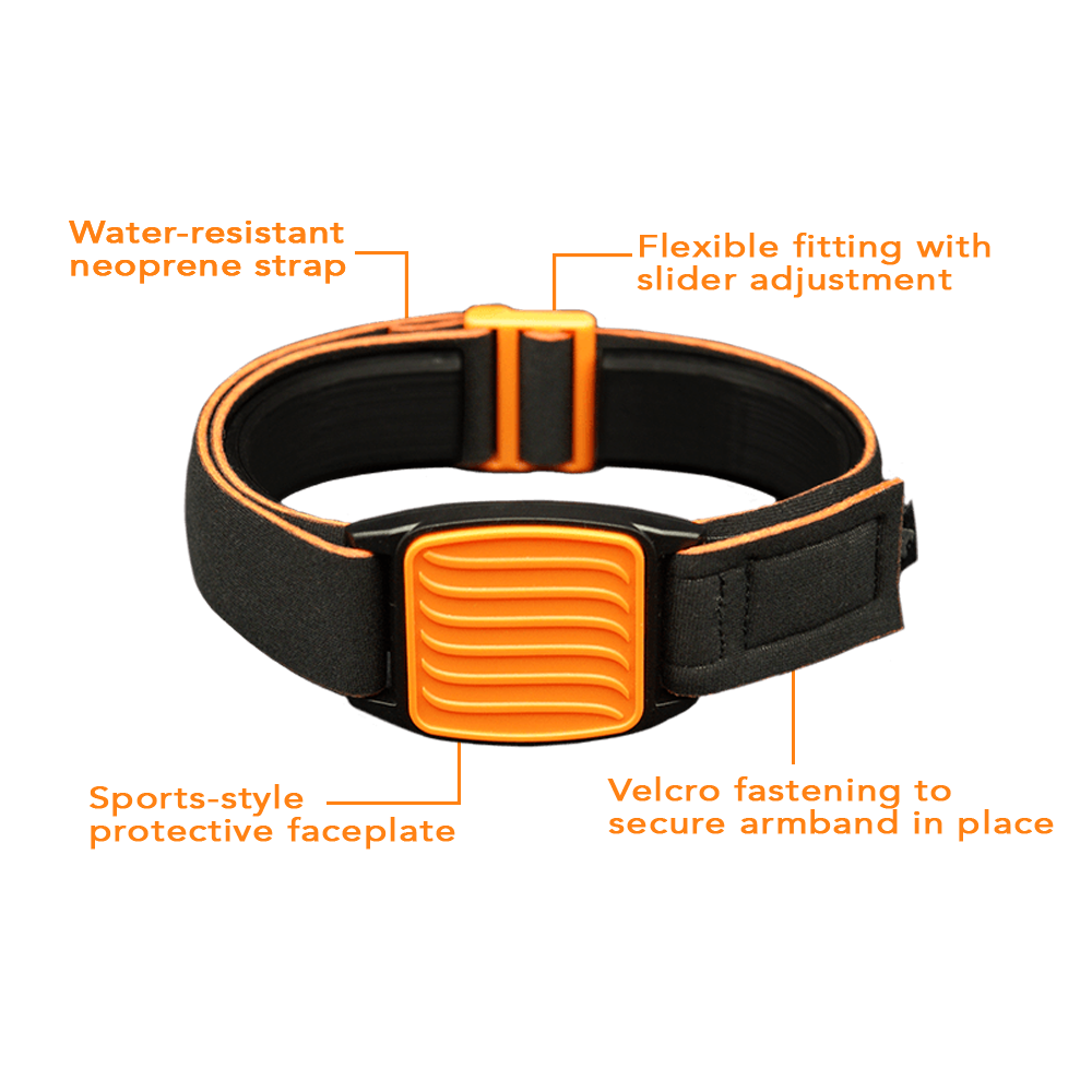 Libreband Armband features highlighted. Orange cover with Wave design.