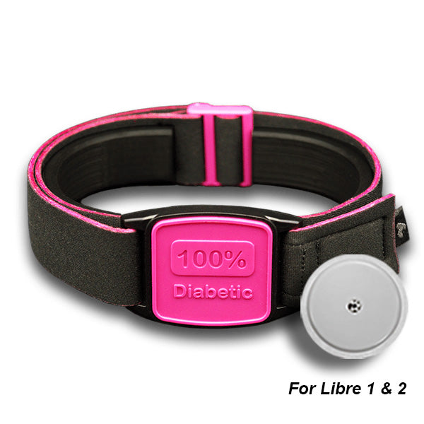 Libreband Armband for Freestyle Libre 1 &amp; 2. Magenta cover with 100% Diabetic design. Shown with Freestyle Libre 2 sensor.