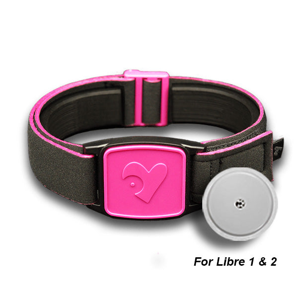 Libreband Armband for Freestyle Libre 1 &amp; 2. Magenta cover with Heart design. Shown with Freestyle Libre 2 sensor.