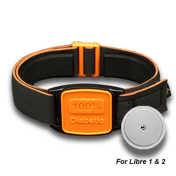 Libreband Armband for Freestyle Libre 1 & 2. Orange cover with 100% Diabetic design. Shown with Freestyle Libre 2 sensor.