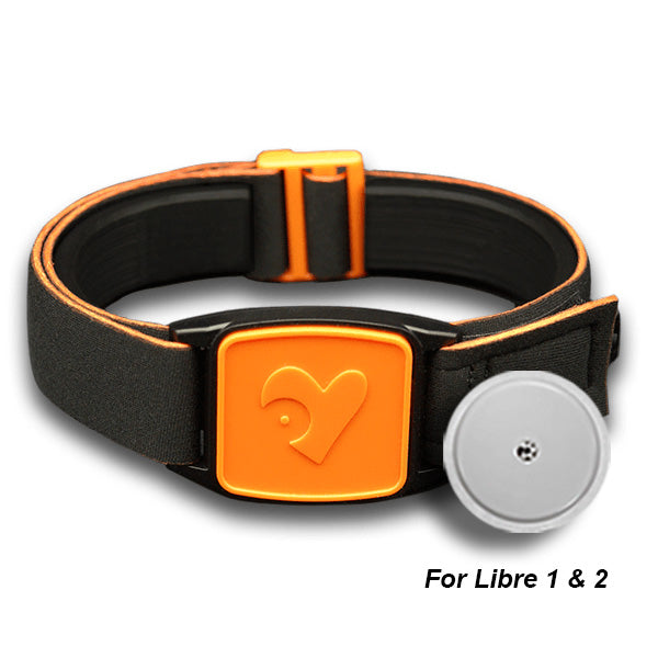 Libreband Armband for Freestyle Libre 1 &amp; 2. Orange cover with heart design. Shown with Freestyle Libre 2 sensor.
