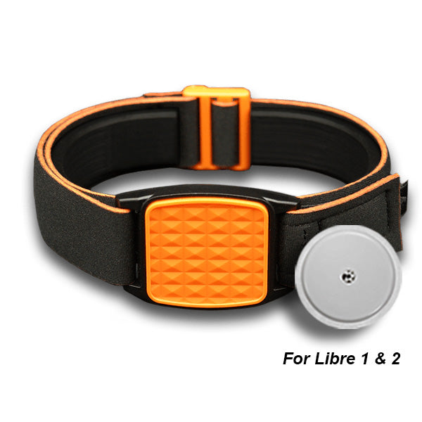 Libreband Armband for Freestyle Libre 1 & 2. Orange cover with pyramids design. Shown with Freestyle Libre 2 sensor.