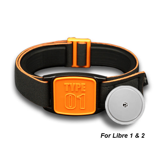 Libreband Armband for Freestyle Libre 1 &amp; 2. Orange cover with TYPE 01 design. Shown with Freestyle Libre 2 sensor.