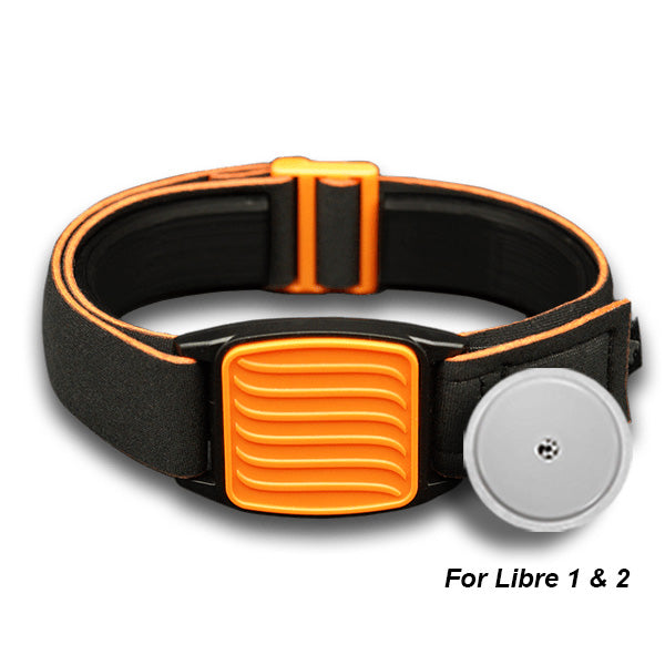 Libreband Armband for Freestyle Libre 1 &amp; 2. Orange cover with Wave design. Shown with Freestyle Libre 2 sensor.