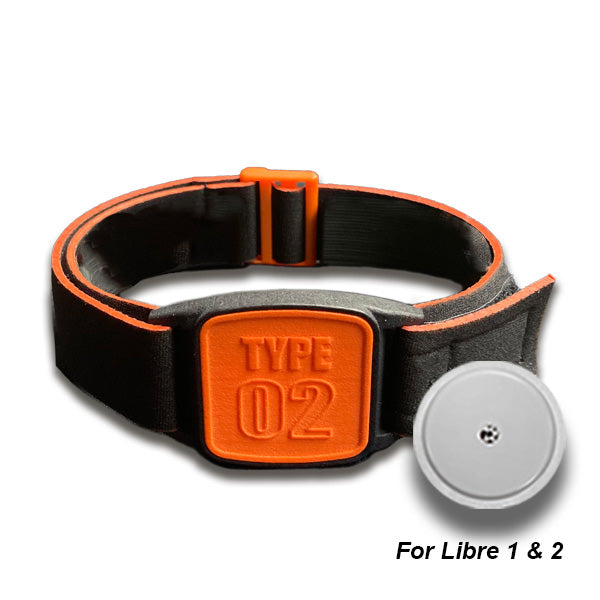 Libreband Armband for Freestyle Libre 1 &amp; 2. Orange cover with TYPE 02 design. Shown with Freestyle Libre 2 sensor.